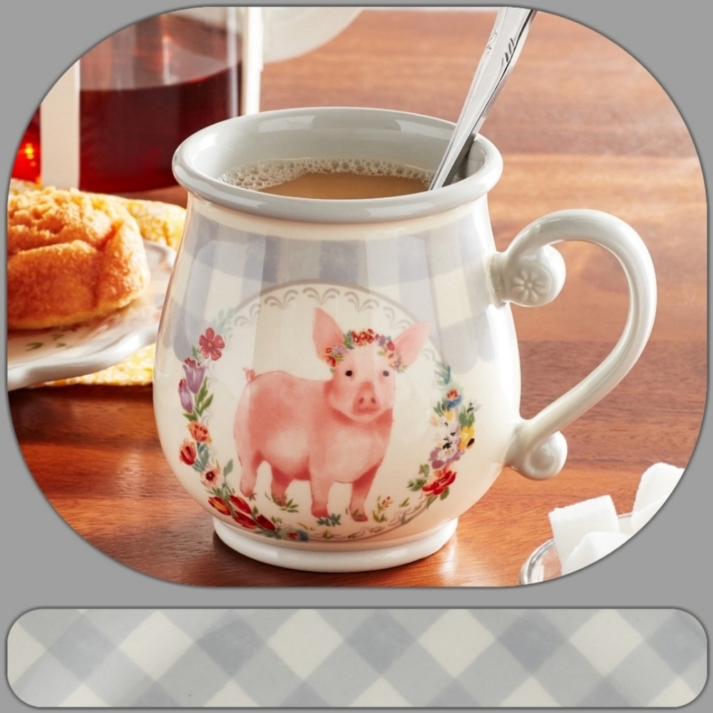 New Pioneer Woman Gray Gingham Pig Decal Mug